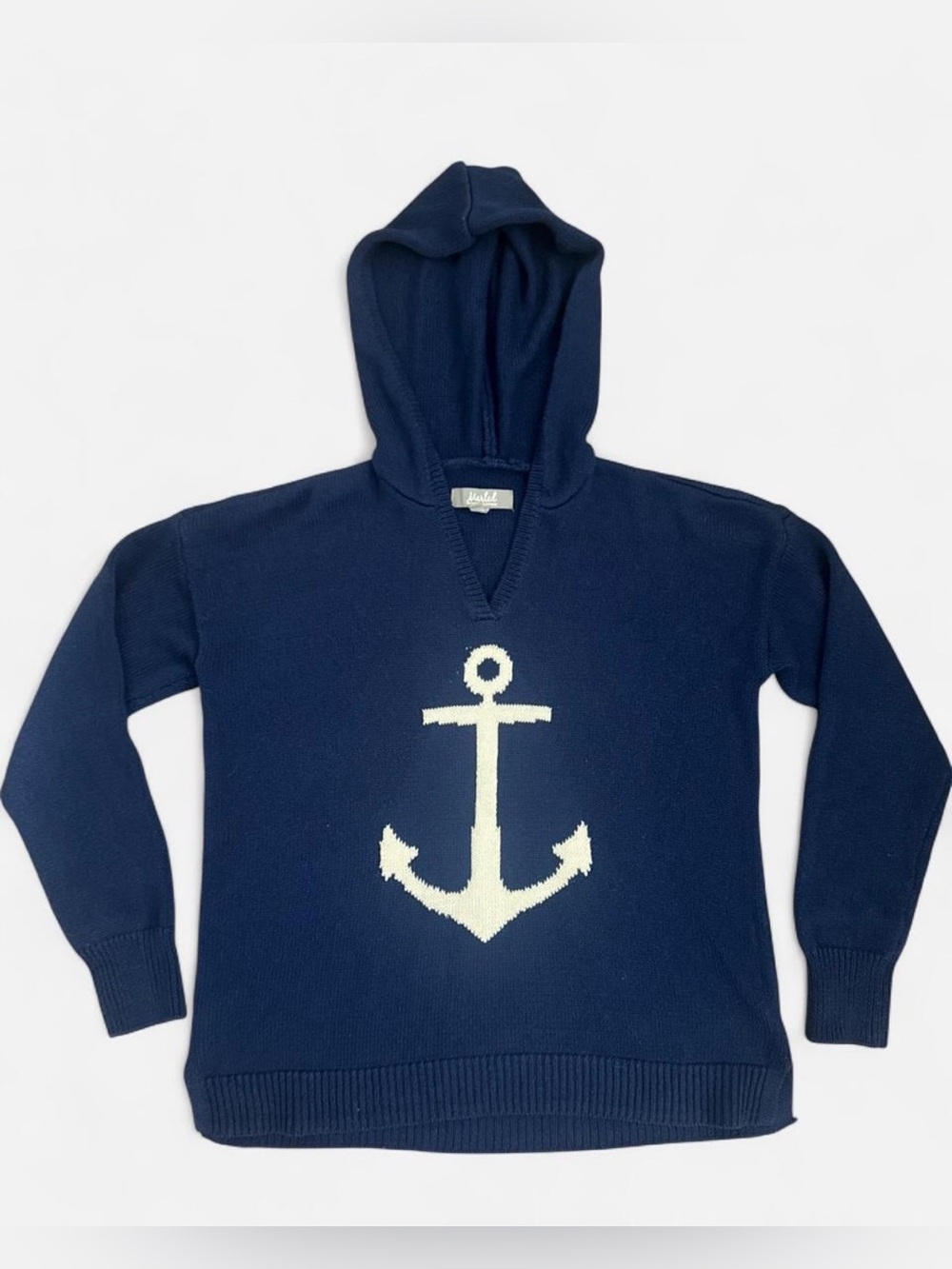 Marled Coastal Grandma Preppy Hamptons Style Navy Knit Anchor Hooded Pullover M